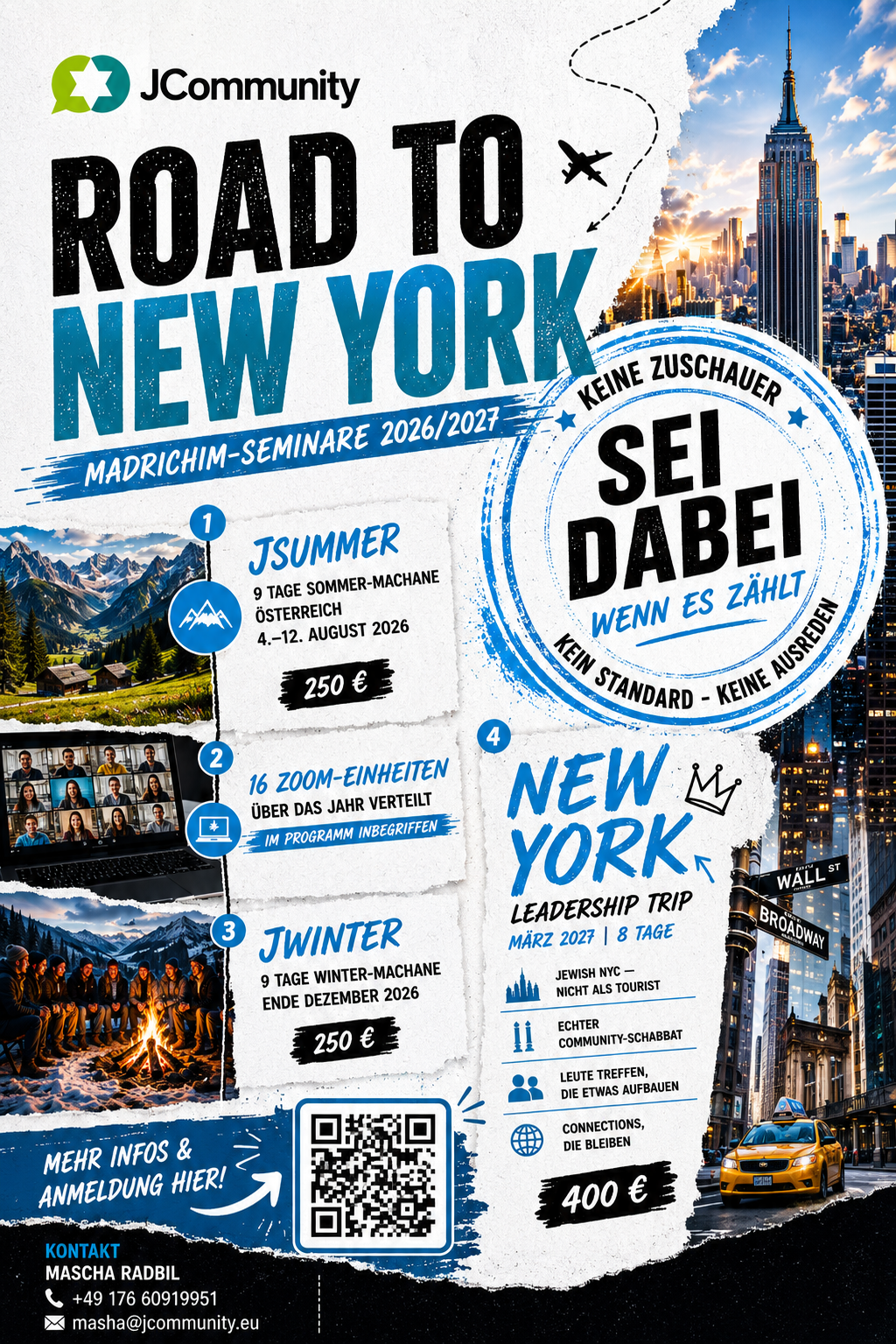 Road to New York – Madrichim-Seminare 2026/2027: JSummer, 16 Zoom-Einheiten, JWinter und New York Leadership Trip.